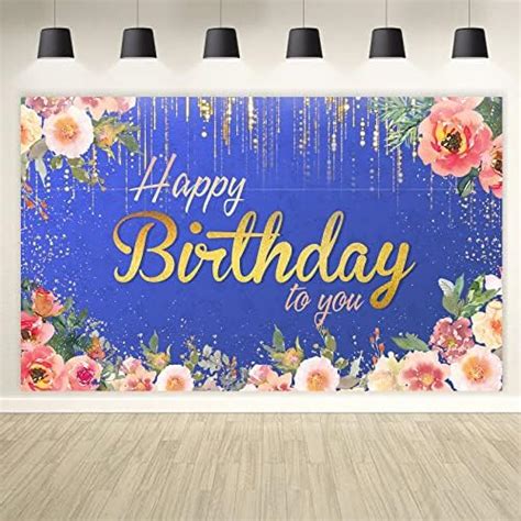 Blue Happy Birthday Backdrop Rose Floral Gold Glitters