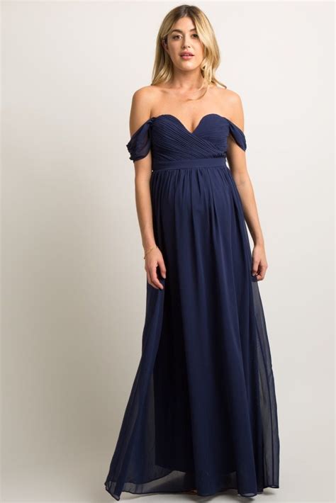 Navy Blue Chiffon Pleated Off Shoulder Maternity Evening Gown