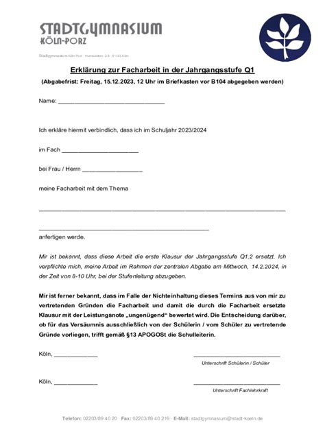 Ausfüllbar Online Erklrung zur Facharbeit in der Jahrgangsstufe Q1 Fax