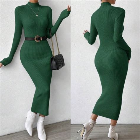 Dresses Sexy Mock Neck Ribbed Long Sleeve Bodycon Fitted Maxi Sweater Dress Poshmark