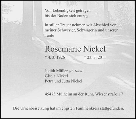 Traueranzeigen Von Rosemarie Nickel Trauer In NRW De