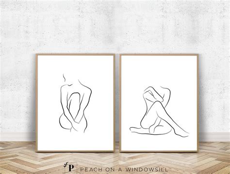Line Art Woman Outline Art Set Of 2 Prints Black And White Naked Woman Art Contour Line