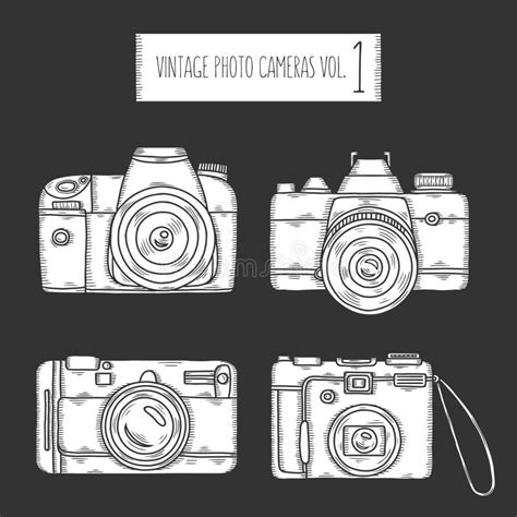 Retro Photo Cameras Set Hand Drawn Vector Vintage Illustration Stock