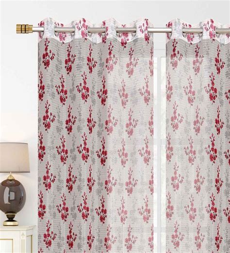 Buy Maroon Floral Polyester Ft Sheer Eyelet Door Curtains Set Of