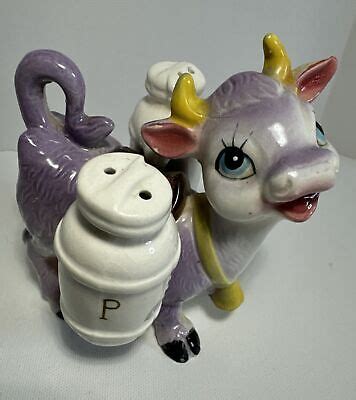 Antique Ceramic Purple Cow Calf With Milk Can Salt Pepper Shakers Ebay