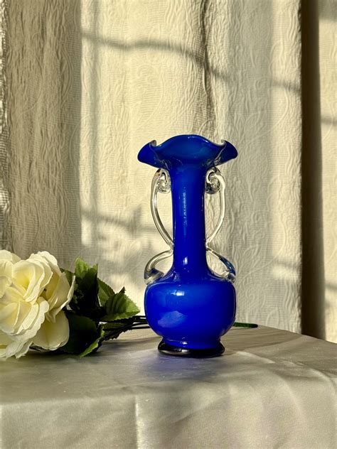 Vintage Cobalt Blue Cased Glass Bud Vase Handblown With Applied Handle Fluted With Ruffled Rim