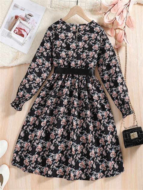 Shein Chica Preadolescente Vestido Con Cintur N Con Estampado Floral De