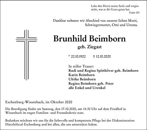 Traueranzeigen Von Brunhild Beimborn Vrm Trauer De