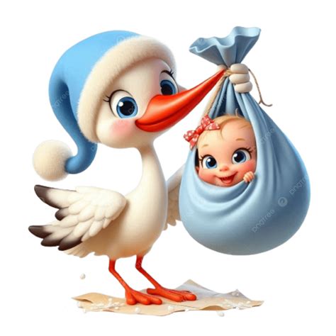 A Whimsical Cartoon Stork Holds Baby In Bag Representing The