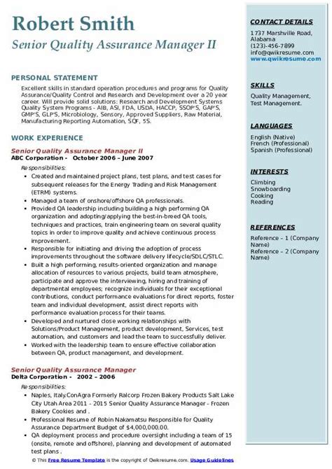 Senior Quality Assurance Manager Resume Samples Qwikresume