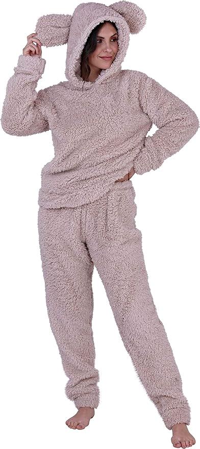 Ladies Teddy Bear Animal Ear Hooded Pyjamas Sherpa Fleece Twosie Set