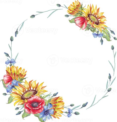 Wreath Watercolor Sunflowers Cornflowers And Poppies 21463092 Png