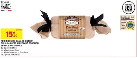 Promo Foie Gras De Canard Entier Du Sud Ouest Au Poivre Torchon Terres