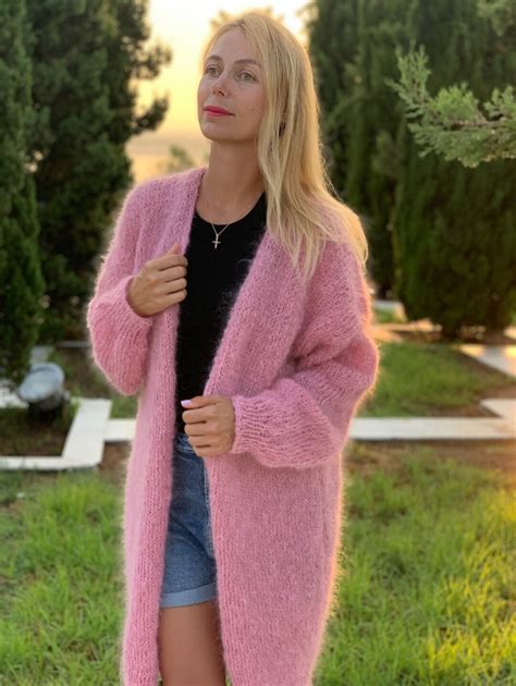 Roze Mohair Lang Vest Oversized Vest Open Voorkant Dikke Trui Wollen