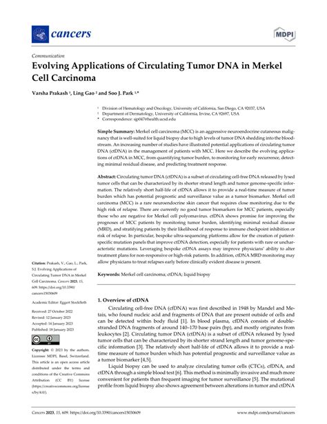 Pdf Evolving Applications Of Circulating Tumor Dna In Merkel Cell