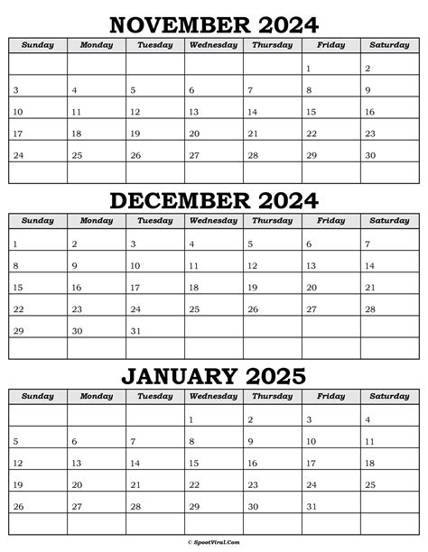 November December 2024 January 2025 Calendar Templates Spootviral