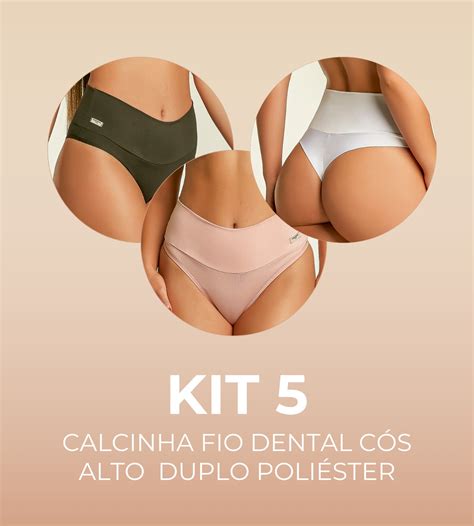 KIT 5 CALCINHAS FIO DENTAL CÓS ALTO DUPLO POLIÉSTER Esquarcio Lingerie