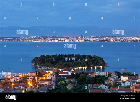 Preko And Zadar In Evening Blue Hour Seen From Island Ugljan Dalmatia