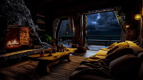 Cozy Cottage By The Sea Ambience With Rain Strong Thunder Fireplace