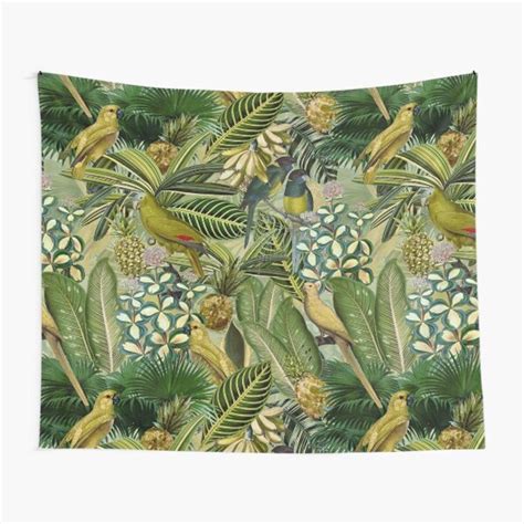 Vintage Green Tropical Bird Jungle Garden Tapestry Designed Sold By