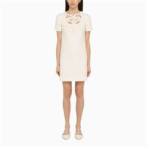 Valentino Ivory Short Dress In Wool And Silk With Embroidery Thedoublef