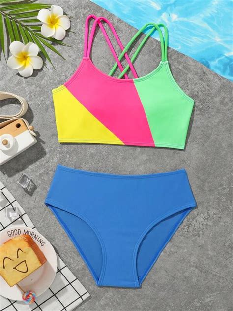 Chica preadolescente Bañador bikini de color combinado de espalda con tira cruzada Moda de