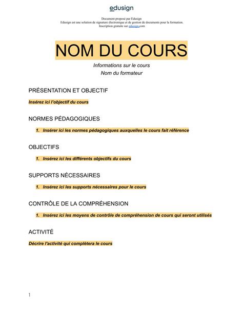 Modèle plan de cours Modèle gratuit en format Word PDF Edusign