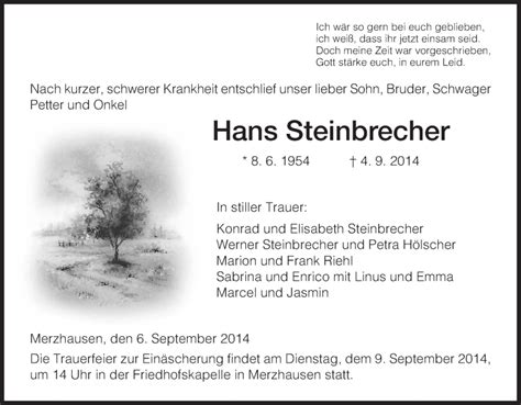 Traueranzeigen Von Hans Steinbrecher Trauer Hna De