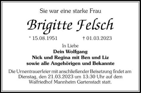 Traueranzeigen Von Brigitte Felsch Trauerportal Ihrer Tageszeitung