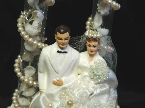 vintage  wedding cake topper bride groom beads columns