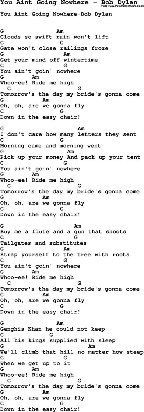 Song You Aint Going Nowhere by Bob Dylan, song lyric for vocal ...