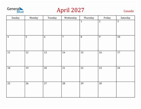 April 2027 Monthly Calendars With Canada Holidays