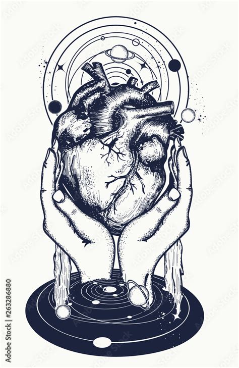 Anatomical heart, hands and universe. Tattoo and t-shirt design. Symbol ...