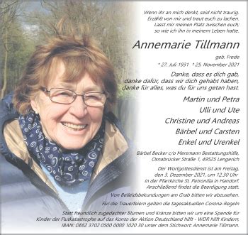 Traueranzeigen Von Annemarie Tillmann Trauer Ms