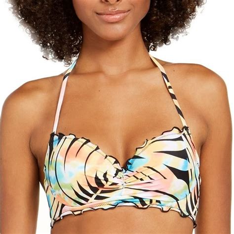 Sundazed Womens Bikini Top Paradise Palm Printed Ruffle Edge Halter