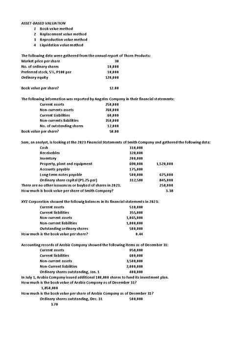 Types Of Asset Based Valuation Asset Based Valuation 1 Book Value Method 2 Replacement Value