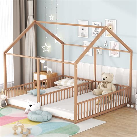 Euroco Metal Twin Size House Canopy Bed, 2-in-1 Platform Beds for Kids ...