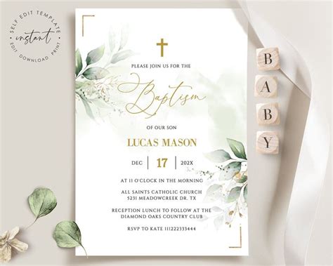 Baptism Invitation Template Minimalist Greenery Baptism Invitation