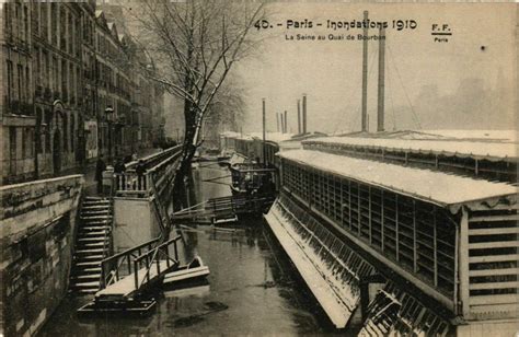 Paris Inondations 1910 La Seine au Quai de Bourbon à Paris Cartorum