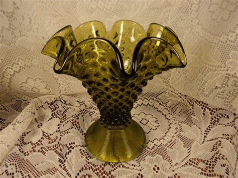 Green Hobnail Glass Vase With Ribbed Cone Shaped Base Etsy Hobnail Glass Glass Vase Vase