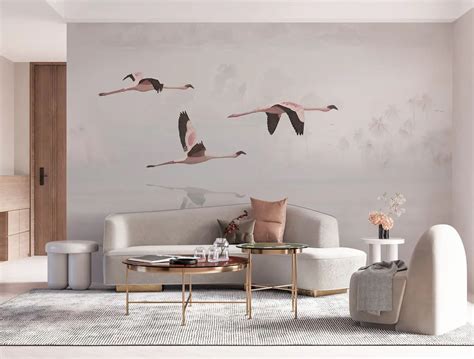 Wall Murals Pink Flamingos Above Tropical Jungle Beach And Sea Nr