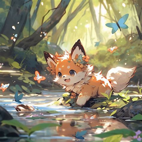 A Little Fox Is Sitting In The Water Surrounded By Butterflies