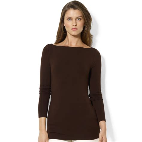 Lauren By Ralph Lauren Long Sleeve Boat Neck Jersey Top In Brown Pike