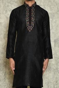 Buy Black Art Silk Dupion Embroidery Thread Placket Kurta Set For Men