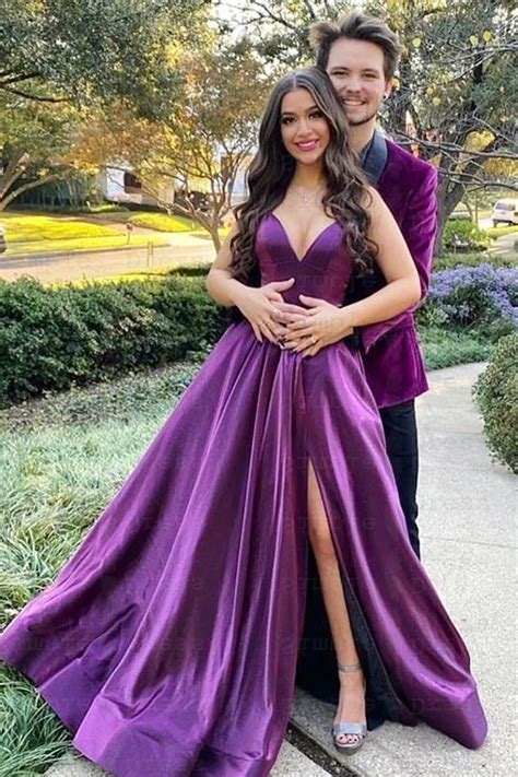 Daisda Spaghetti Straps Purple V Neck Prom Dress