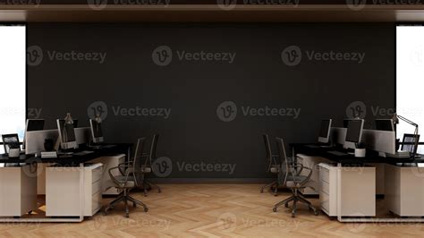 Dark modern minimalist office workplace interior design in 3d render ...