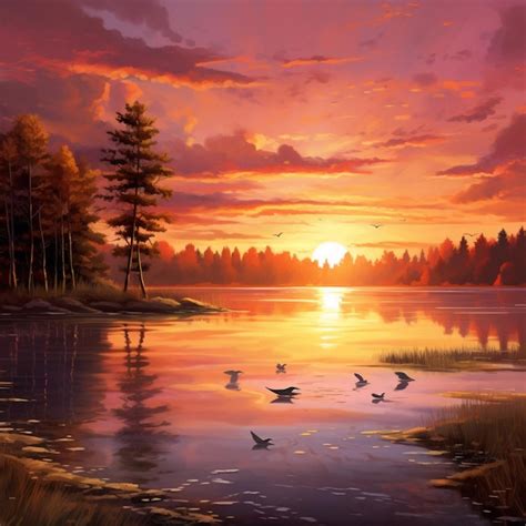 Premium AI Image Serene Sunset Over A Tranquil Lake