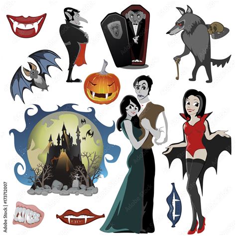 Halloween set with vampire and their castle under full moon and cemetery, Draculas monster in ...