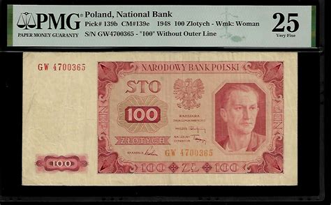 Poland 100 Zlotych 1948 PMG 25 Serial GW Rare Type 100 Without Outer