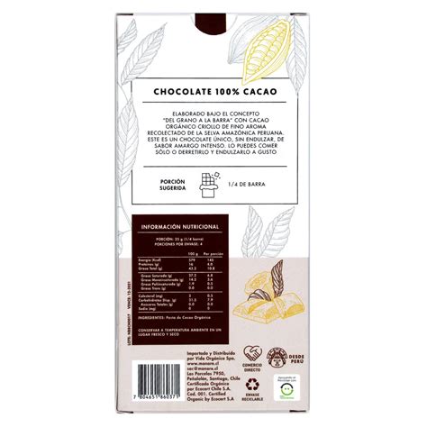 Barra De Chocolate 100 Cacao Organico Sin Glutenlibre De Leche 100 Grs